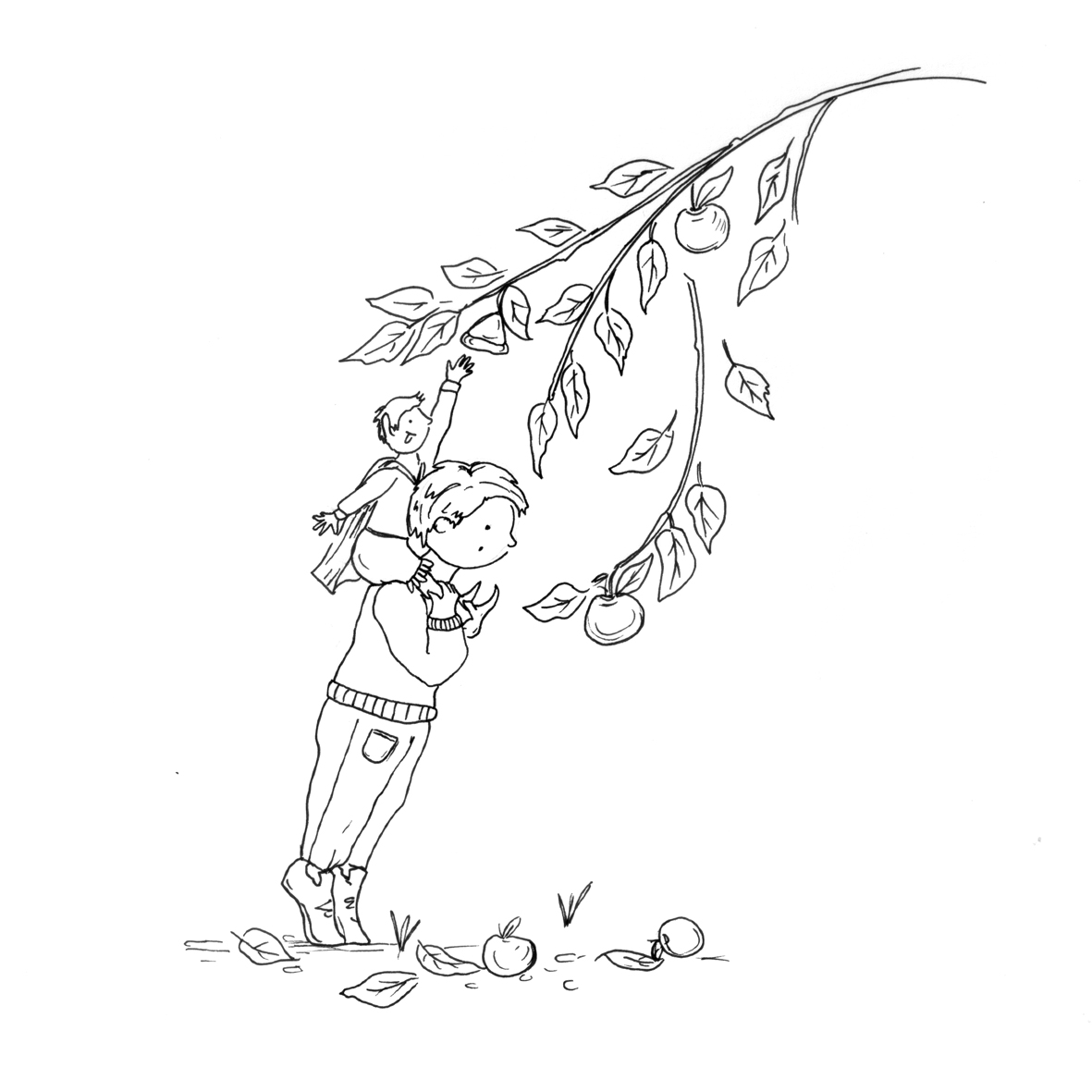 Apple tree illustration with children reaching for fruit